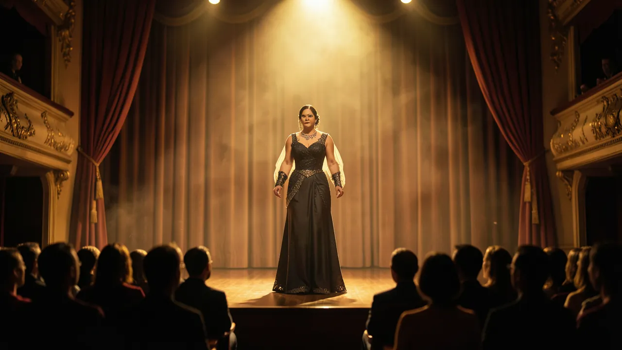 Auf einer Theaterbühne steht eine Person unter einem Scheinwerfer, umgeben von goldenen Vorhängen und warmen Bühnenlichtern; im Vordergrund sind Gesicht und Kostüm scharf, im Hintergrund sind Zuschauer als verschwommene Silhouetten erkennbar.